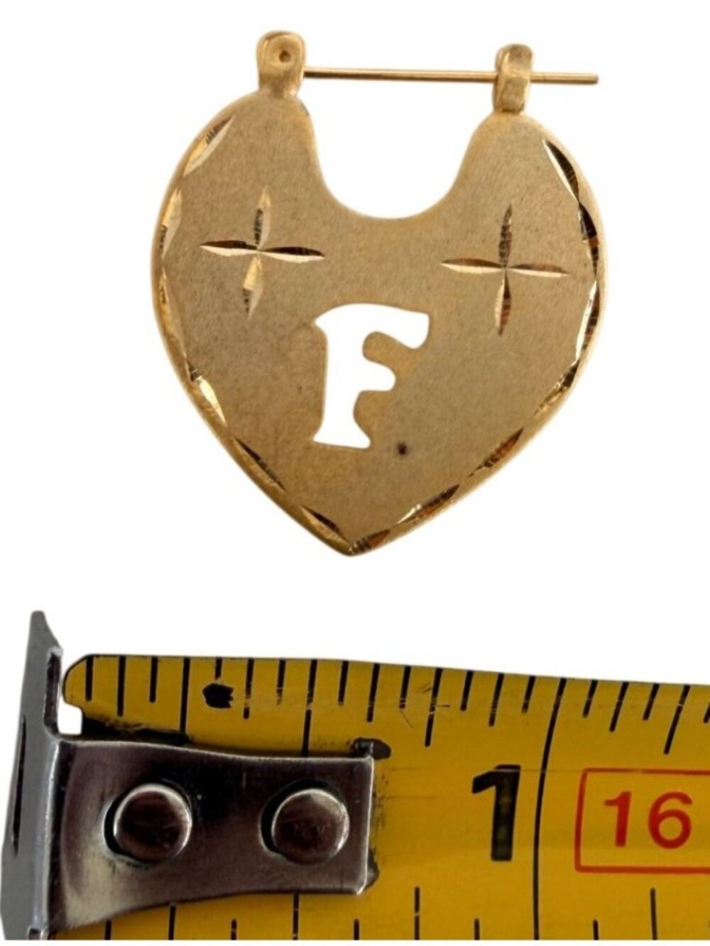 Vintage NOS Statement 14K Gold-Filled Heart Pierced Earrings "F" Monogram Cutout - Picture 2 of 4